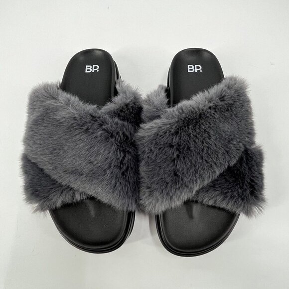 BP Cross Faux Fur Sandals Slippers Gray Sz 8 - Picture 3 of 6